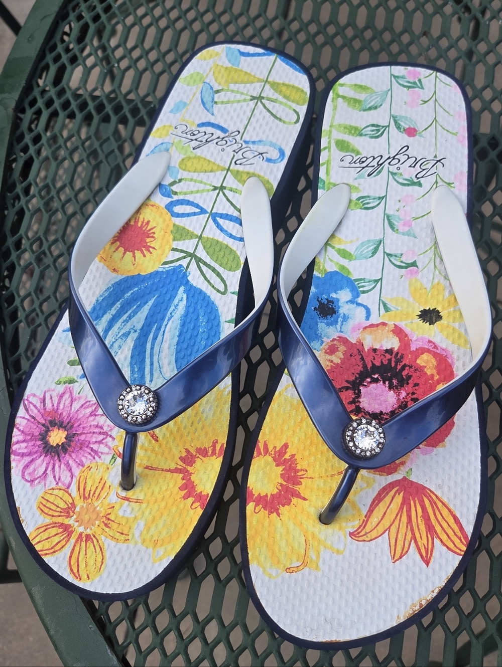 Bright Floral Brighton Flip Flops with Navy Straps and Jewel Accent